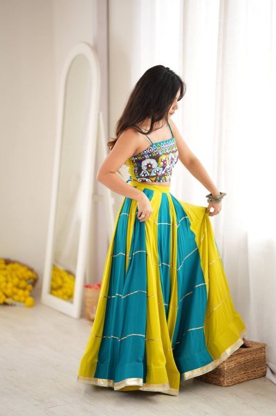 Versatile Yellow Sky Blue Heavy Rayon Lehenga Choli with Gota Patti and Mirror Work Navratri Lehnega Choli