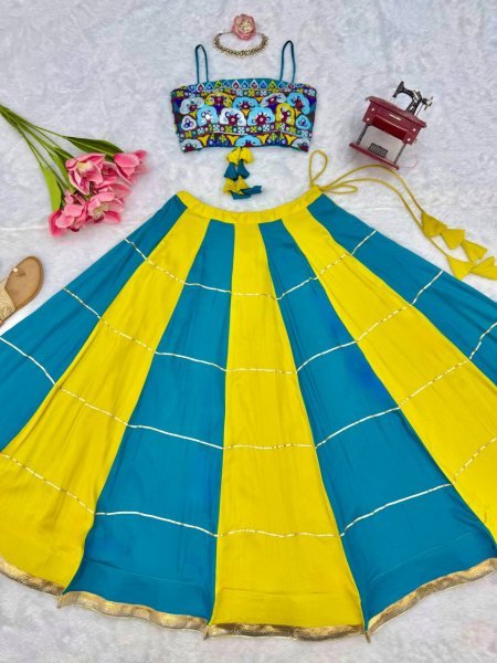 Versatile Yellow Sky Blue Heavy Rayon Lehenga Choli with Gota Patti and Mirror Work Navratri Lehnega Choli