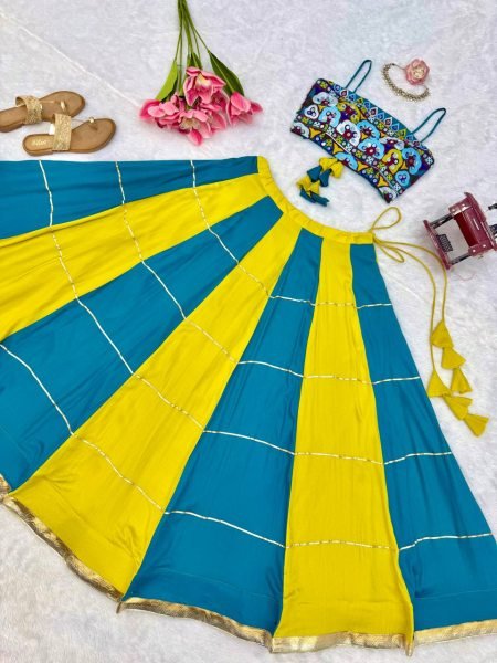 Versatile Yellow Sky Blue Heavy Rayon Lehenga Choli with Gota Patti and Mirror Work Navratri Lehnega Choli