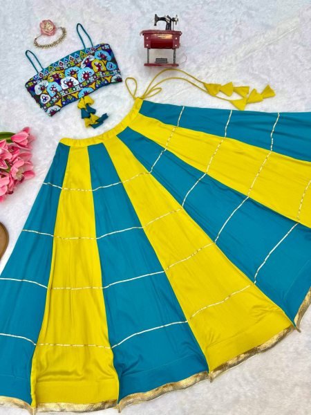 Versatile Yellow Sky Blue Heavy Rayon Lehenga Choli with Gota Patti and Mirror Work Navratri Lehnega Choli