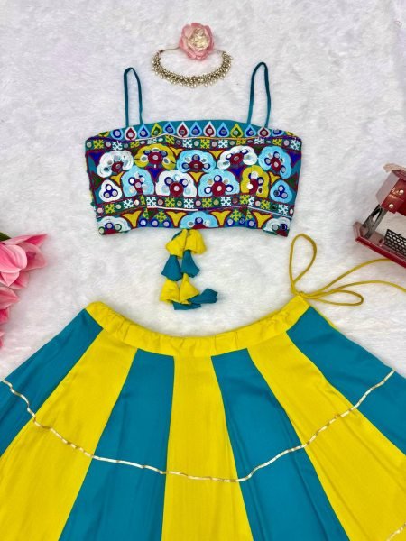Versatile Yellow Sky Blue Heavy Rayon Lehenga Choli with Gota Patti and Mirror Work Navratri Lehnega Choli