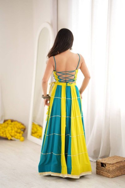 Versatile Yellow Sky Blue Heavy Rayon Lehenga Choli with Gota Patti and Mirror Work Navratri Lehnega Choli