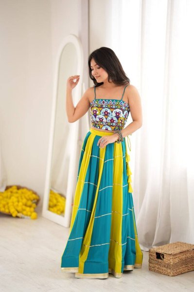 Versatile Yellow Sky Blue Heavy Rayon Lehenga Choli with Gota Patti and Mirror Work Navratri Lehnega Choli
