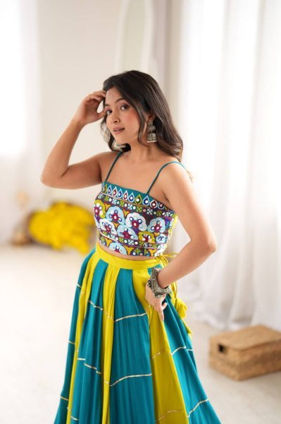 Versatile Yellow Sky Blue Heavy Rayon Lehenga Choli with Gota Patti and Mirror Work Navratri Lehnega Choli