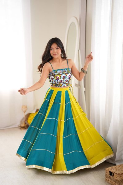 Versatile Yellow Sky Blue Heavy Rayon Lehenga Choli with Gota Patti and Mirror Work Navratri Lehnega Choli