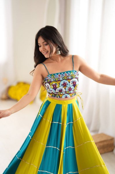 Versatile Yellow Sky Blue Heavy Rayon Lehenga Choli with Gota Patti and Mirror Work Navratri Lehnega Choli