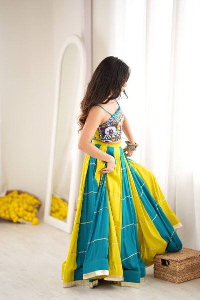 Versatile Yellow Sky Blue Heavy Rayon Lehenga Choli with Gota Patti and Mirror Work Navratri Lehnega Choli