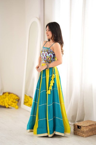 Versatile Yellow Sky Blue Heavy Rayon Lehenga Choli with Gota Patti and Mirror Work Navratri Lehnega Choli