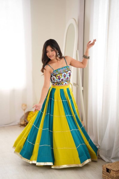 Versatile Yellow Sky Blue Heavy Rayon Lehenga Choli with Gota Patti and Mirror Work Navratri Lehnega Choli