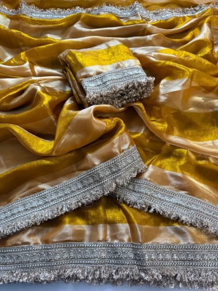 Versatile Yellow Women Fandy Satin Silk Saree with Unstitched Blouse at Factory Price Silk Sarees Wholesale