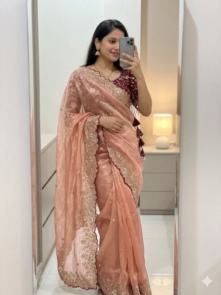 Versatilev Wedding Special Peach Satin Saree with Heavy Work for Women Designer Wedding Sarees Wholesale