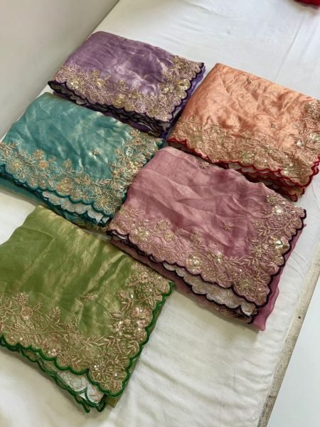 Versatilev Wedding Special Peach Satin Saree with Heavy Work for Women Designer Wedding Sarees Wholesale