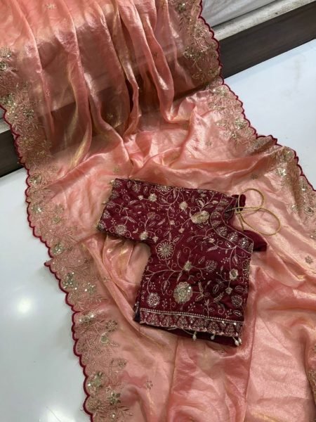 Versatilev Wedding Special Peach Satin Saree with Heavy Work for Women Designer Wedding Sarees Wholesale