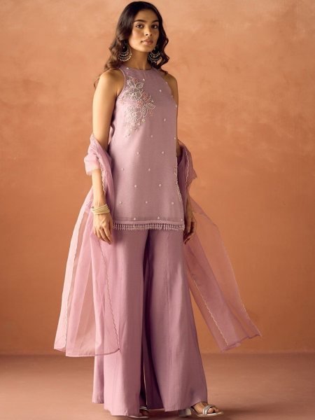 Vibrant Baby Pink Crunchy Fabric Kurti Palazzo Set with Beads Work and Organza Silk Dupatta Kurti With Dupatta Wholesale