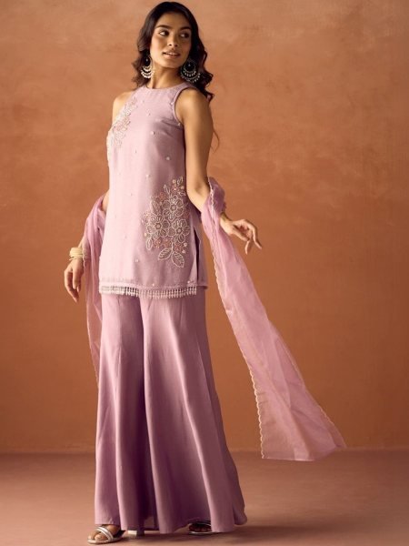 Vibrant Baby Pink Crunchy Fabric Kurti Palazzo Set with Beads Work and Organza Silk Dupatta Kurti With Dupatta Wholesale