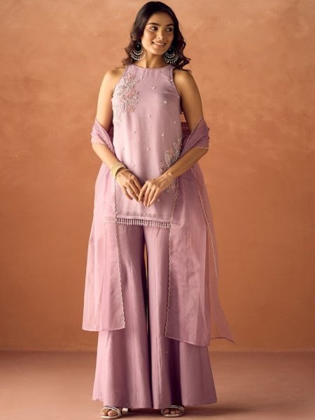 Vibrant Baby Pink Crunchy Fabric Kurti Palazzo Set with Beads Work and Organza Silk Dupatta Kurti With Dupatta Wholesale