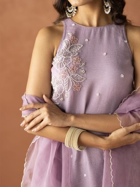 Vibrant Baby Pink Crunchy Fabric Kurti Palazzo Set with Beads Work and Organza Silk Dupatta Kurti With Dupatta Wholesale