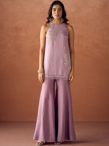 Vibrant Baby Pink Crunchy Fabric Kurti Palazzo Set with Beads Work and Organza Silk Dupatta Kurti With Dupatta Wholesale