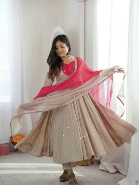 Vibrant Beige Silk Anarkali Three Piece Suit with Kota Check Dupatta for Party 