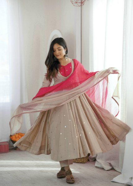 Vibrant Beige Silk Anarkali Three Piece Suit with Kota Check Dupatta for Party Ready To Wear Collection
