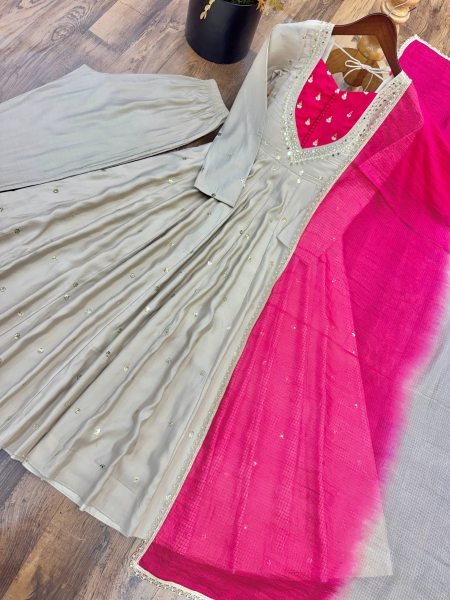 Vibrant Beige Silk Anarkali Three Piece Suit with Kota Check Dupatta for Party Ready To Wear Collection