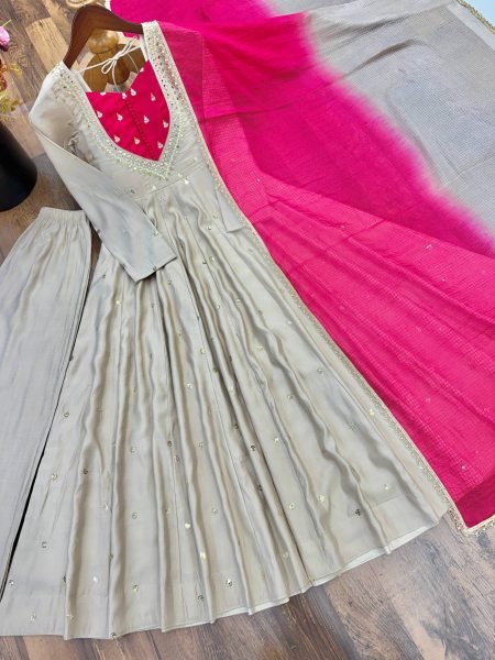 Vibrant Beige Silk Anarkali Three Piece Suit with Kota Check Dupatta for Party Ready To Wear Collection