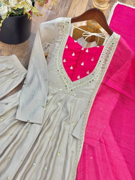 Vibrant Beige Silk Anarkali Three Piece Suit with Kota Check Dupatta for Party Ready To Wear Collection