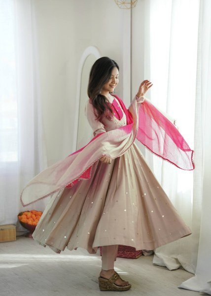 Vibrant Beige Silk Anarkali Three Piece Suit with Kota Check Dupatta for Party Ready To Wear Collection