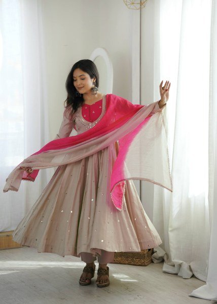 Vibrant Beige Silk Anarkali Three Piece Suit with Kota Check Dupatta for Party Ready To Wear Collection