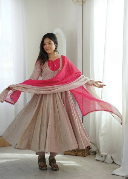 Vibrant Beige Silk Anarkali Three Piece Suit with Kota Check Dupatta for Party Ready To Wear Collection