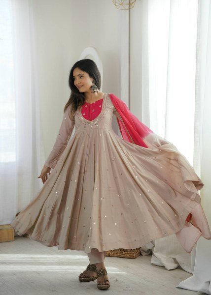 Vibrant Beige Silk Anarkali Three Piece Suit with Kota Check Dupatta for Party Ready To Wear Collection