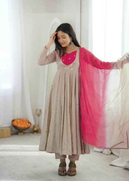 Vibrant Beige Silk Anarkali Three Piece Suit with Kota Check Dupatta for Party Ready To Wear Collection