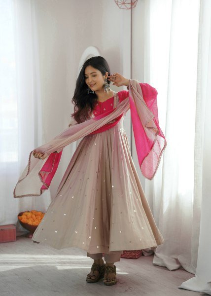 Vibrant Beige Silk Anarkali Three Piece Suit with Kota Check Dupatta for Party Ready To Wear Collection