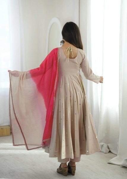 Vibrant Beige Silk Anarkali Three Piece Suit with Kota Check Dupatta for Party Ready To Wear Collection