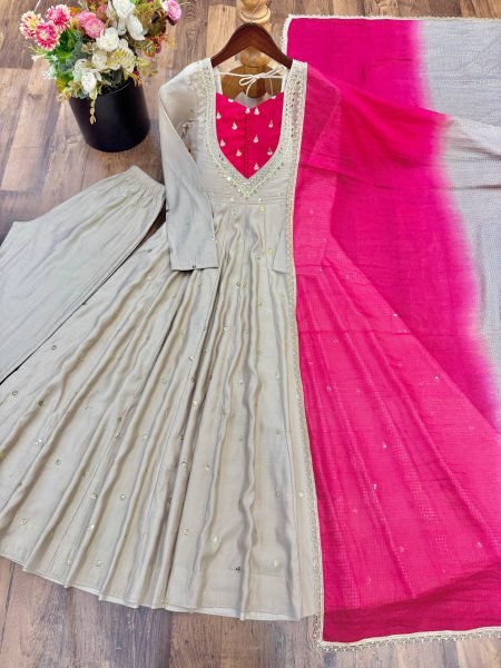 Vibrant Beige Silk Anarkali Three Piece Suit with Kota Check Dupatta for Party Ready To Wear Collection