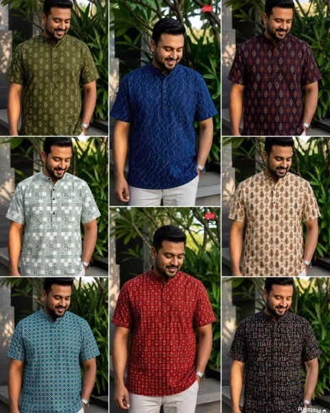 Vibrant Black Comfortable Cotton Print Short Kurta with Half Sleeves for Reseller Mens Shirt