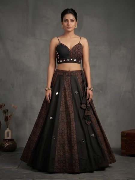 Vibrant Black Designer Mirror Work Ajrakh Lehenga Choli with Heavy Slub Cotton Fabric 