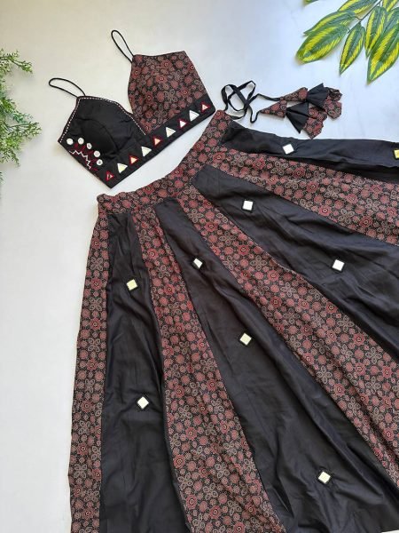 Vibrant Black Designer Mirror Work Ajrakh Lehenga Choli with Heavy Slub Cotton Fabric Navratri Lehnega Choli
