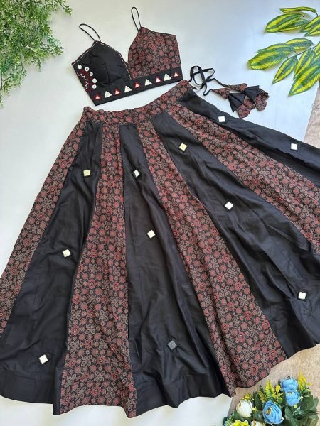 Vibrant Black Designer Mirror Work Ajrakh Lehenga Choli with Heavy Slub Cotton Fabric Navratri Lehnega Choli