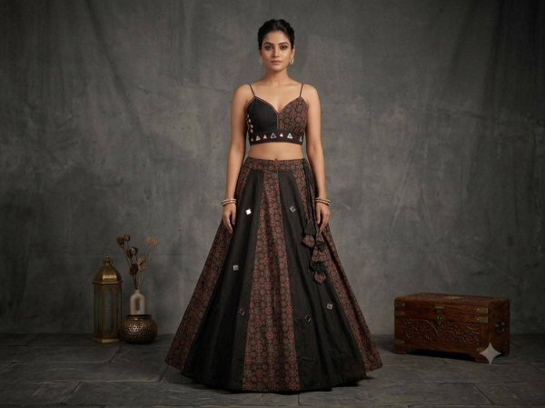 Vibrant Black Designer Mirror Work Ajrakh Lehenga Choli with Heavy Slub Cotton Fabric Navratri Lehnega Choli