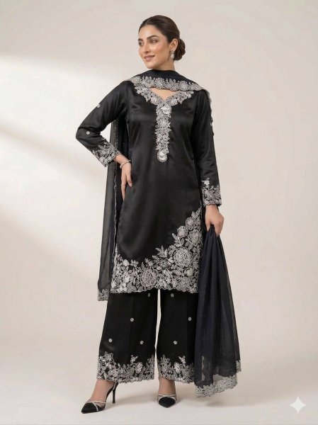 Vibrant Black French Crepe Top Palazzo Dupatta Set at Wholesale Rate Ready To Wear Collection
