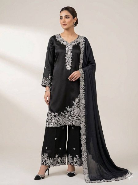 Vibrant Black French Crepe Top Palazzo Dupatta Set at Wholesale Rate Ready To Wear Collection