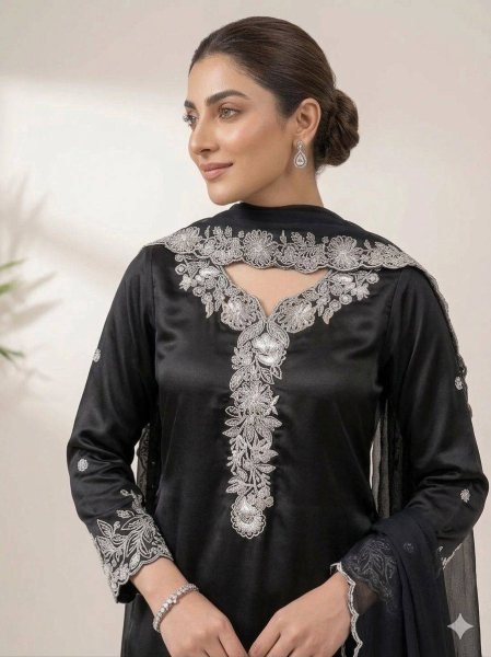 Vibrant Black French Crepe Top Palazzo Dupatta Set at Wholesale Rate Ready To Wear Collection