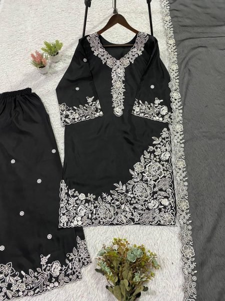 Vibrant Black French Crepe Top Palazzo Dupatta Set at Wholesale Rate Ready To Wear Collection