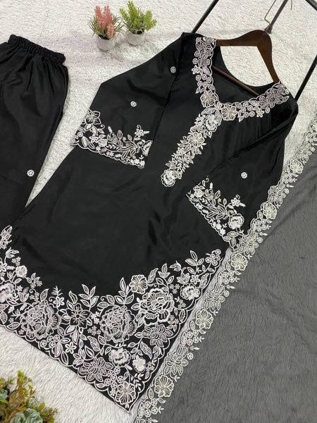 Vibrant Black French Crepe Top Palazzo Dupatta Set at Wholesale Rate Ready To Wear Collection