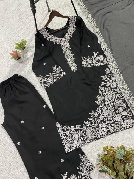 Vibrant Black French Crepe Top Palazzo Dupatta Set at Wholesale Rate Ready To Wear Collection