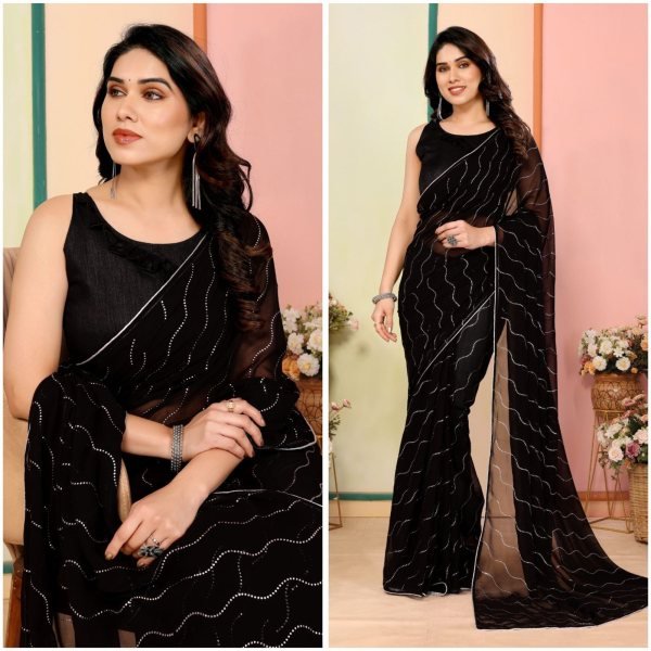 Vibrant Black Georgette Saree With Sequin Embroidered Work And Sleeveless Blouse  Designer Wedding Sarees Wholesale