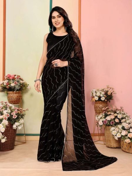 Vibrant Black Georgette Saree With Sequin Embroidered Work And Sleeveless Blouse  Designer Wedding Sarees Wholesale