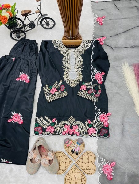 Vibrant Black Girls Festive Wear Crepe Suit with Sequins Work Girls Wear