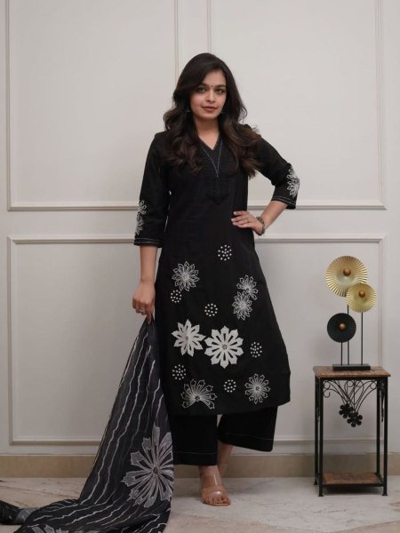 Vibrant Black Rayon Embroidered Kurti Palazzo Set with Soft Cotton Dupatta for Women Kurtis